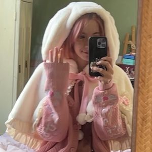 cute fluffy bunny hood shawl with bowknot tie in front